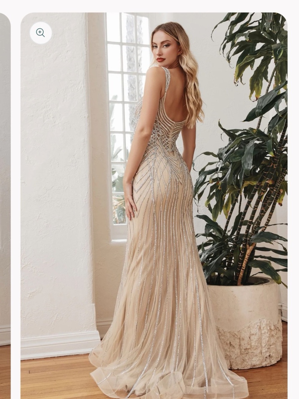 Nude Beaded Evening Gown with Silver Accents